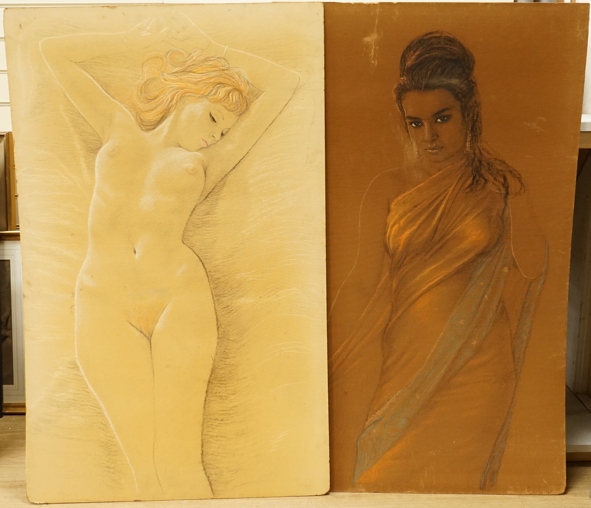 20th century School, Studies of a nude woman and one wearing a Grecian robe, unsigned, pair of pastels on canvas board, 121 x 76cm, unframed